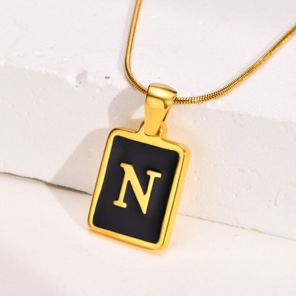 Black Shell and Gold Letter N Necklace Stainless Steel Initial N - Picture 1 of 6